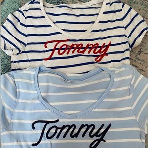Two Tommy Hilfiger striped V-neck t-shirts